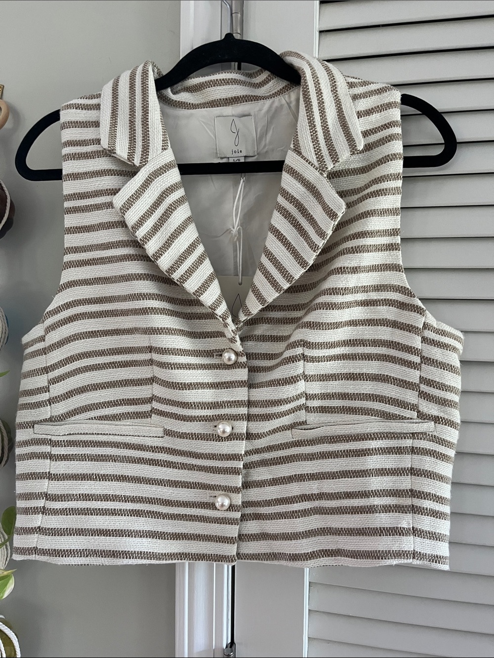 Joie Striped Cropped Vest in Beige and White with Pearl Buttons